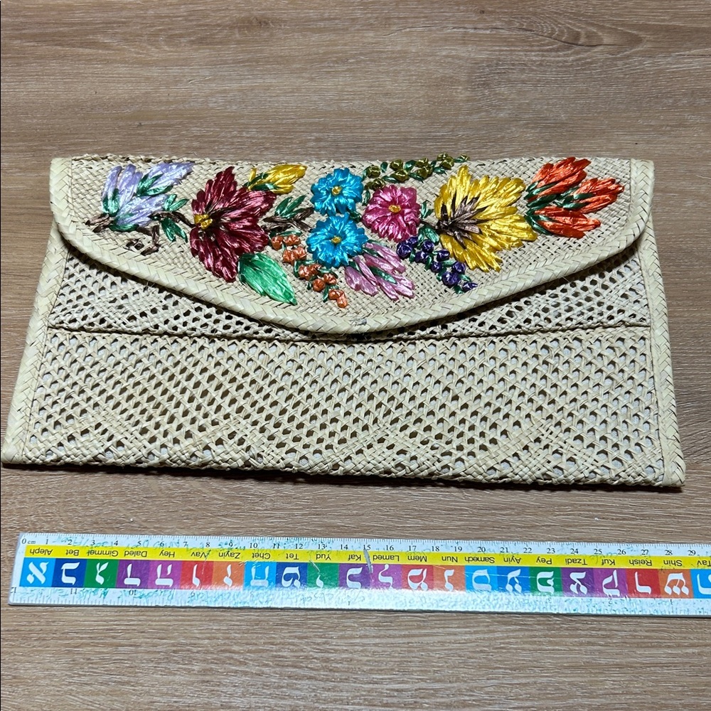 Handwoven Floral Embroidered Straw Clutch